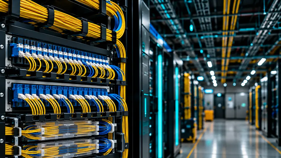 Fiber optik dağıtım paneli, sonlandırmalar ve veri merkezi koridoru